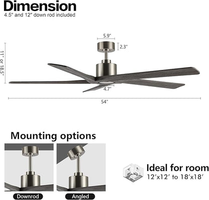 WINGBO 54 Inch DC Ceiling Fan without Lights, 5 Reversible Carved Solid Wood Blades, 6-Speed Noiseless DC Motor, Ceiling Fan No Light with Remote, Brushed Nickel Finish with Gray Blades, ETL Listed