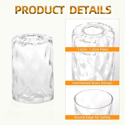 1 Pack Hammered Glass Lamp Shade Replacement Globe & Cover for Light Fixture Chandelier, Table Lamps, Pendant, 1-5/8 inch Fitter, Clear Hammered Water Ripple Cylinder Glass Shade