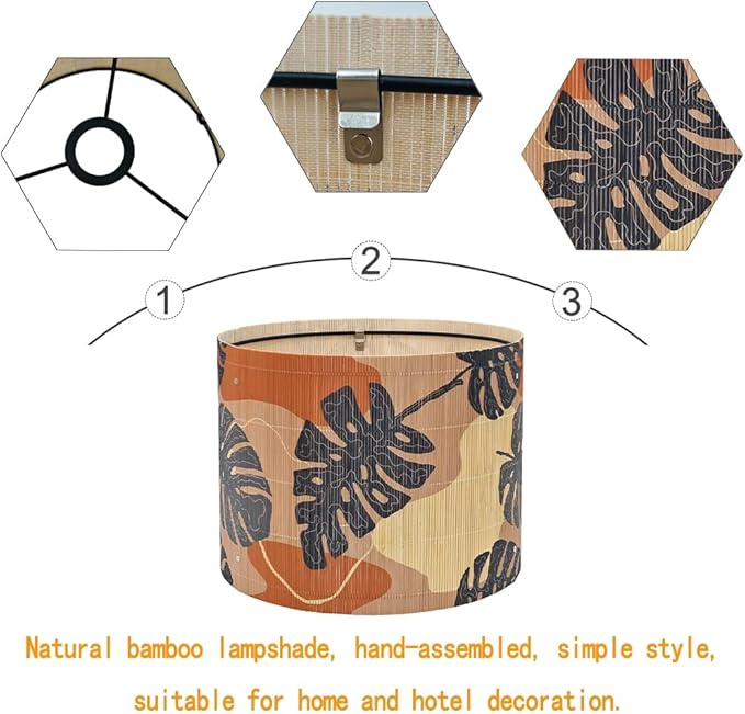 Bamboo Lampshade With Tropical Plants green floral Design, Suitable For Floor Lamps And Desk Lamps, Art deco, Rustic And Elegant, Groovy Unique(11.8 * 9Inch) (Monstera Leaf)