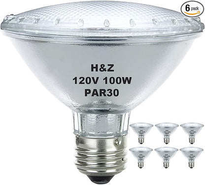 H&Z Par30 Short Neck, 6 Pack Par30s Halogen 100W 120V, Par30 Dimmable Warm White 3000K, 100W Par30 Flood Light with E26 Medium Base for Recessed Trim Lighting, Track Light