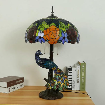 Large Tiffany Table Lamp 18" Wide Handmade Stained Glass Lamp Shade 3 Light Peacock Style Vintage Desk Light for Living Room Bedroom Bedside Reading Light,Red Rose