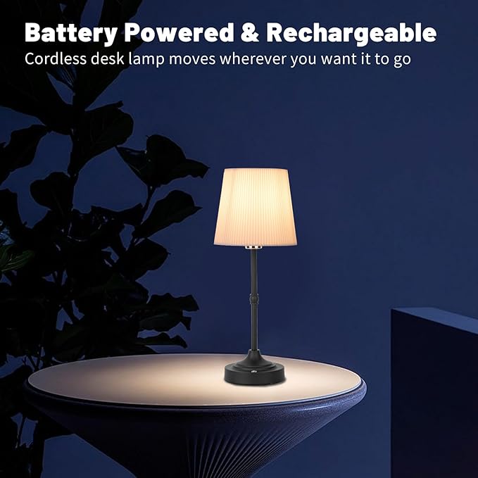 Cordless LED Table Lamp,Portables Fabric Shade Desk Lamps, 5000mAh Rechargeable Battery Powered Lighting, Dimmable Light for Dining Room, Bedroom, Bedside, Night Light, Balcony (Black-02)