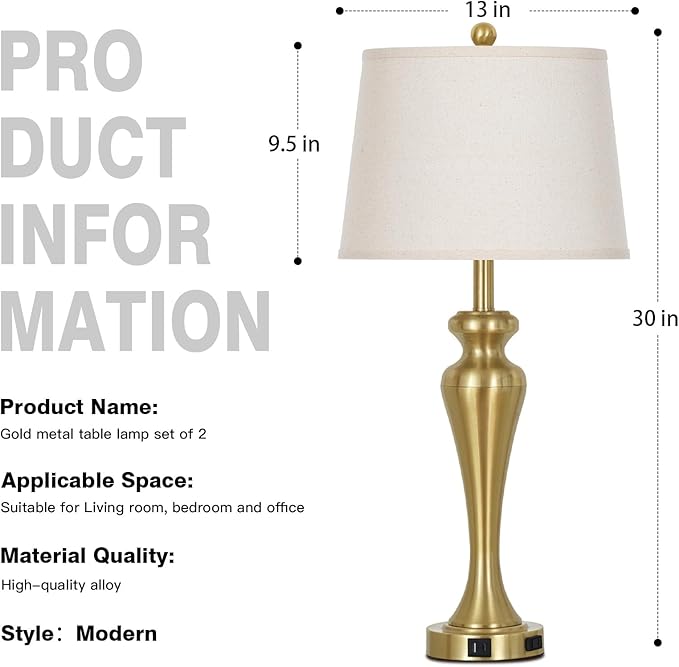 30 Inch Gold Table Lamp Single, 3-Way Dimmable Touch Lamp for Nightstand with USB A+C Ports and AC Outlet, Tall Bed Side Lamps for Living Room, Modern Brass Lamps for Bedroom Side End Table