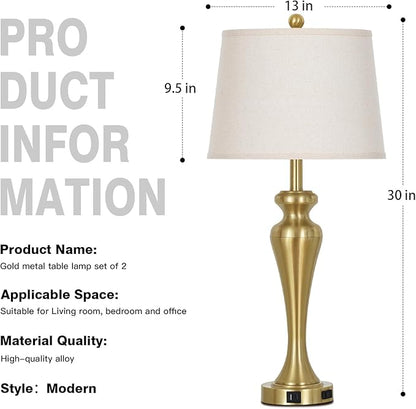 30 Inch Gold Table Lamp Single, 3-Way Dimmable Touch Lamp for Nightstand with USB A+C Ports and AC Outlet, Tall Bed Side Lamps for Living Room, Modern Brass Lamps for Bedroom Side End Table