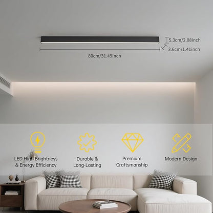 Black ceiling light LED, modern and simple, long strip ceiling surface installation, suitable for living room, bedroom, corridor and kitchen, remote control to switch color and brightness, 31.4 inches
