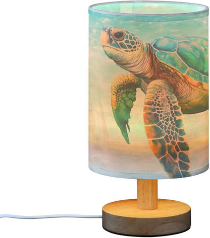 Bedside Lamp Sea Turtle Beach Table Lamp for Bedroom LED Nightstand Lamp Shade USB Ports Wood Base for Living Room Dorm Office