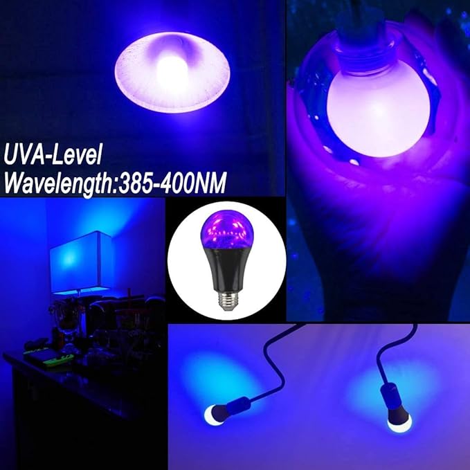 Black Light Bulbs 9W 8 Pack A19 E26 LED Blacklight Bulb 385-400nm UVA Black Lights for Blacklight, Glow in The Dark, Body Paint, Fluorescent Poster, Neon Glow