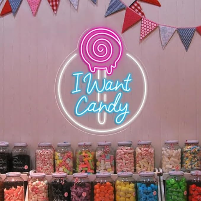 I Want Candy Neon Sign,Candy Shop Neon Sign, Custom Store Signage,Home Wall Kitchen Decor Coffee Bar Shop Store Decoration Business Sign Size:18 x 15.5inches