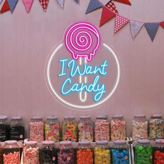 I Want Candy Neon Sign,Candy Shop Neon Sign, Custom Store Signage,Home Wall Kitchen Decor Coffee Bar Shop Store Decoration Business Sign Size:18 x 15.5inches