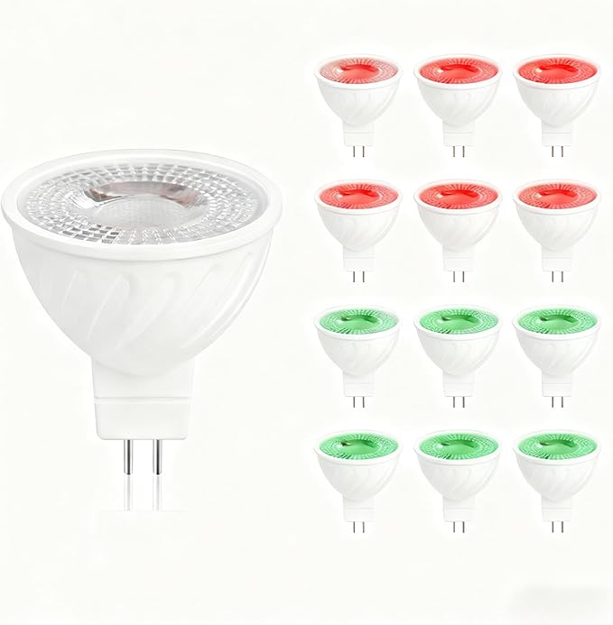 Red Green MR16 LED Bulb，50W Halogen Equivalent,5W MR16 GU5.3 12-36V AC&DC Spotlight Bulb,38° Beam Angle for Landscape,Dimmable,12-Pack Mix.