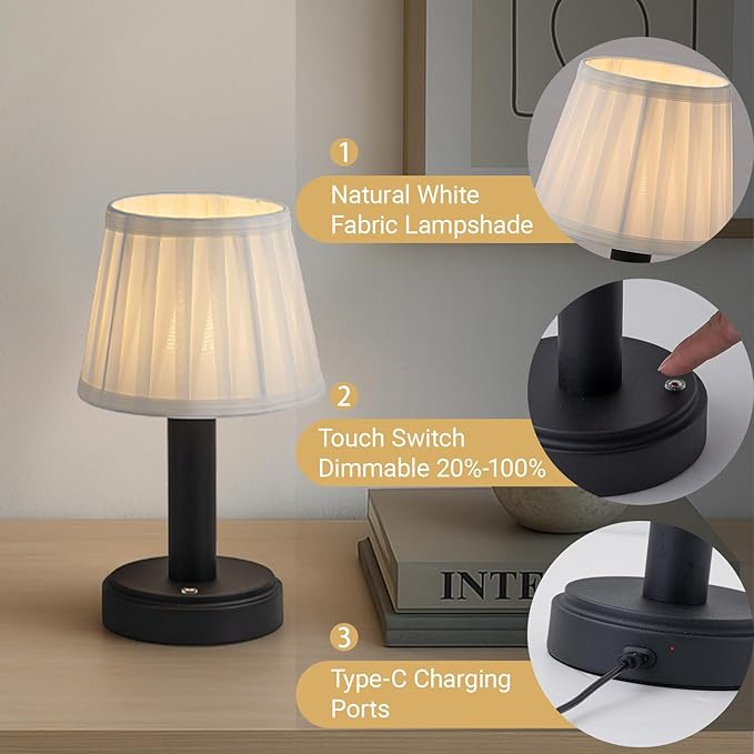 11 Inch Modern Type-C Rechargeable Cordless LED Table Lamp Industrial Dimmable Touch Mini Desk Lamp in Matte Black with Fabric Shade for Bedroom Living Room