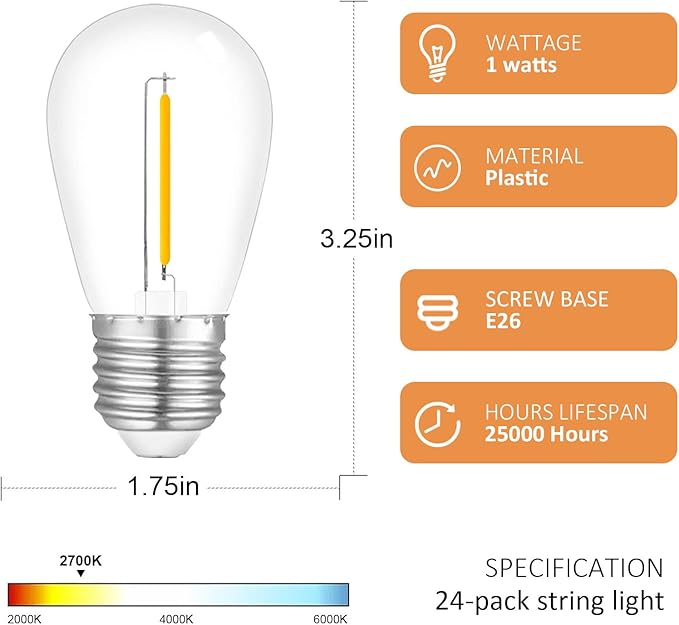 24-Pack String Light Bulbs, S14 Outdoor Waterproof Replacement Bulb, E26 Base Bulbs, 1W 120V, 2700K Warm White