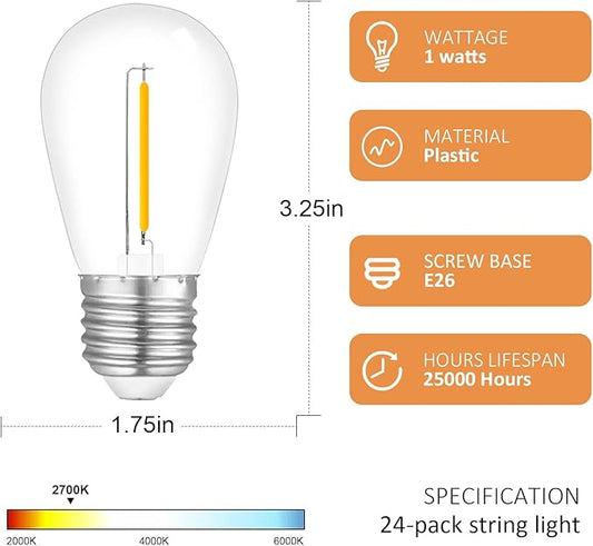 24-Pack String Light Bulbs, S14 Outdoor Waterproof Replacement Bulb, E26 Base Bulbs, 1W 120V, 2700K Warm White