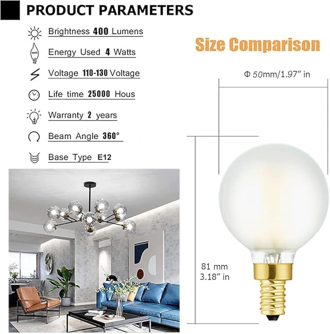 LEOOLS E12 Frosted LED Bulbs, 40W Candelabra Dimmable Chandelier Light Bulbs Daylight 4000k G16.5 4W E12 g50 Vintage Globe LED Filament Edison Candle Bulb with Decorative 6Pack