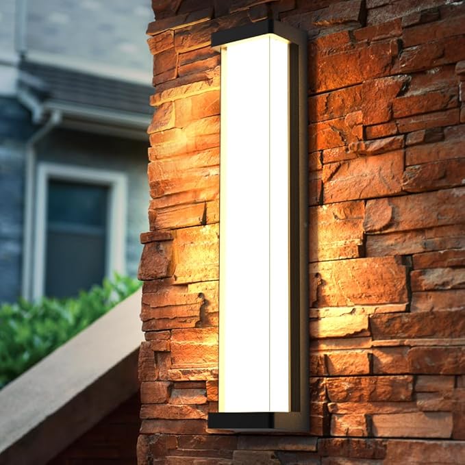 Sytmhoe 10%-100% Dimming Exterior Garage Lights,23.6in Dimmable LED Modern Patio Wall Light Fixture, Rectangle Black Aluminum+Dual PC Wall Sconce for Garage Bathroom Room Courtyard House(3000K)