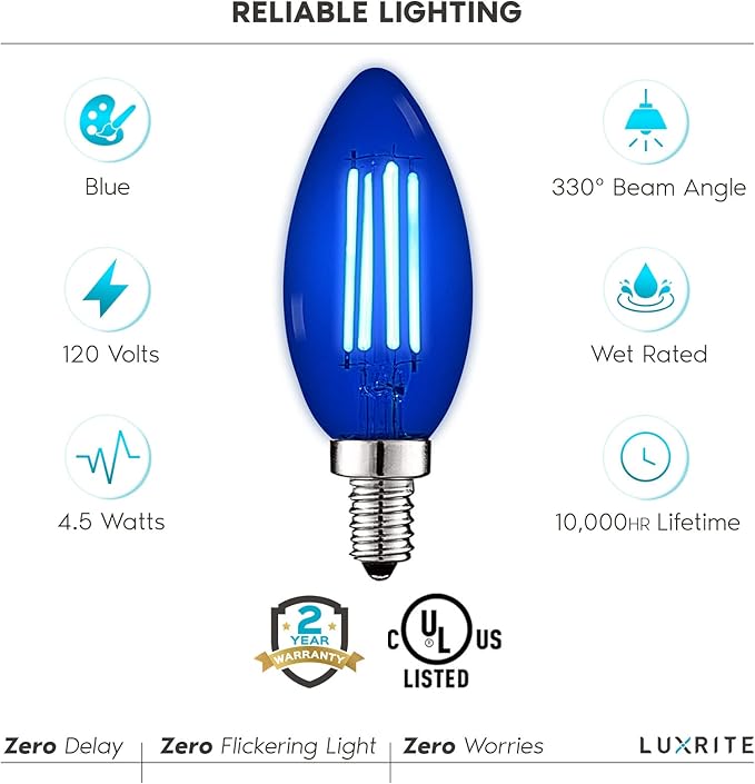 LUXRITE E12 LED Filament Blue Light Bulb, 4.5W (40W Equivalent), Colored Glass Candelabra Bulb, UL Listed, E12 Base, Indoor Outdoor, Porch, Decoration, Party, Holiday, Event, Home Lighting (2 Pack)