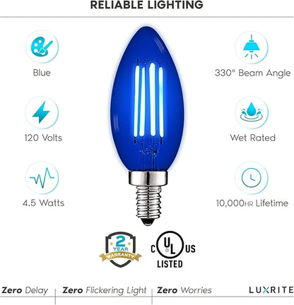 LUXRITE E12 LED Filament Blue Light Bulb, 4.5W (40W Equivalent), Colored Glass Candelabra Bulb, UL Listed, E12 Base, Indoor Outdoor, Porch, Decoration, Party, Holiday, Event, Home Lighting (4 Pack)