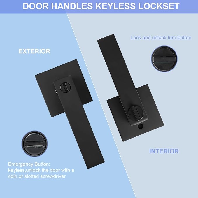 Privacy Interior Door Lever, 2 Pack Heavy Duty Matte Black Door Handles Square Door Knobs for Bedroom & Bathroom Keyless Door Lock Handles for Right & Left Sided Doors