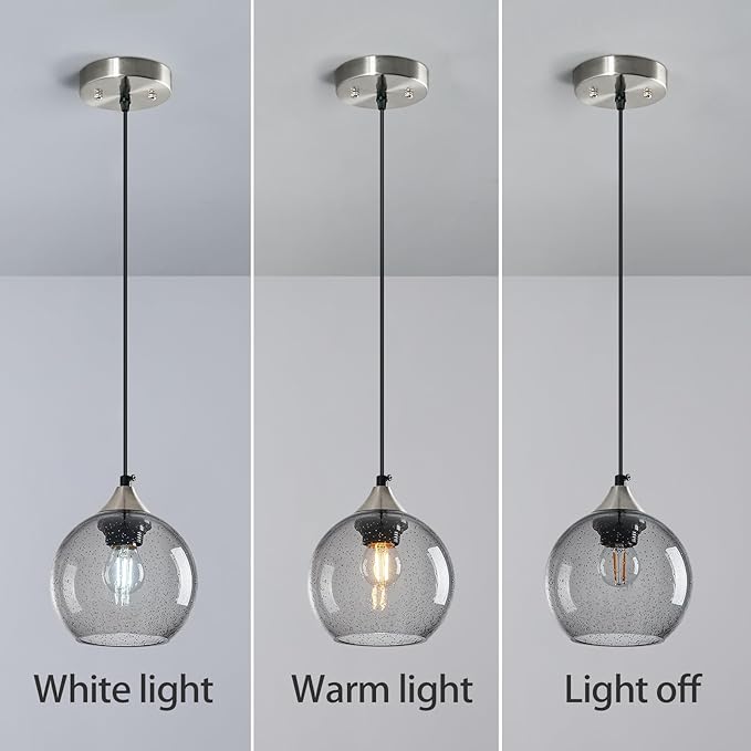 Light Grey Glass Pendant Lights Kitchen Island Globe Pendant Light Fixtures Modern Pendant Lighting for Bedroom Living Dining Room Light Fixture (5.9 in, 3 Pack)