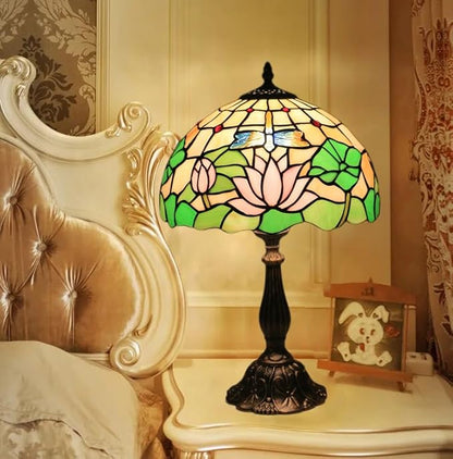 Tiffany Side Table Lamps for Living Room W/LED Bulb Lotus Flower Stained Glass Shade Bedside End Table Lamp 12X12X19Inch Desk Lamps for Home Office Classic Farmhouse Reading Table Lamps