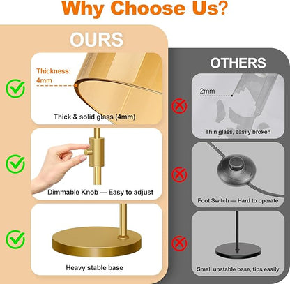 【Upgraded】Gold Dimmable Floor Lamp for Living Room with Amber Glass Lampshade, Glass Modern Floor Lamp with 900LM Bulb Included, Bright Standing Tall Lamp for Bedroom, Office, Reading Room, Corner