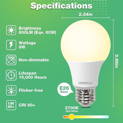 A19 LED Light Bulbs Soft White 2700K, 60 Watt Equivalent, 800 Lumens, E26 Standard Base, Non-Dimmable, 8W Warm White LED Bulbs for Bedroom Living Room, 12 Pack