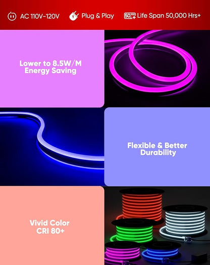 Shine Decor LED RGB Neon Rope Lights AC 120V, Expandable & Cuttable Bright Strip Lighting with Remote, Dimmable Color Changing, ETL Cold-Resistant & IP65 Waterproof for in&Outdoor, 10x20mm, 82FT