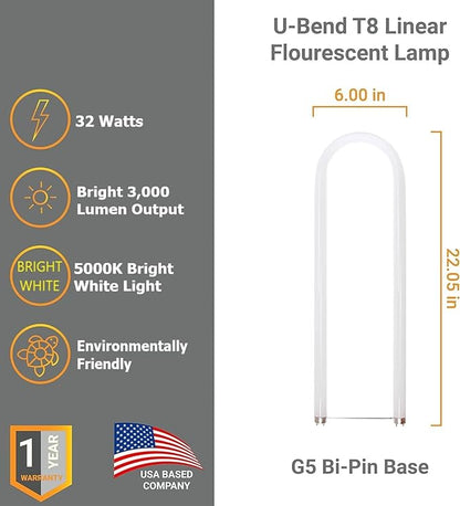 Diodesy- U-Bend T8 Fluorescent Tube Light Bulb 32W 3000 Lumens 5000K Bright White G13 Miniature Bi-Pin Base Rohs Compliant Pack of 12- U Shaped Linear Replacement Lamp