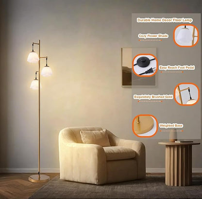 Fiqevs Flower Floor Lamp for Living Room, Mid Century Gold Floor Lamp with 3 Floral Shades and Bulbs Included, Elegant Standing Tree Lamp for Kids Room, Bedroom Office - Antique Brass