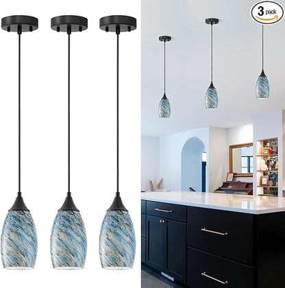 ANYLOVE Vintage Art Blue Pebble Pendant Lighting,3-Pack Hand Glass Hanging Light Fixture,Adjustable Cord for Kitchen,Hallway,Dining Room