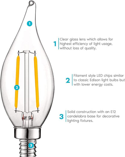 LUXRITE 4W Vintage Candelabra LED Bulbs Dimmable, 400 Lumens, 2700K Warm White, LED Chandelier Light Bulbs 40W Equivalent, Flame Clear Glass, Filament Candle Bulb, UL Listed, E12 Base (6 Pack)