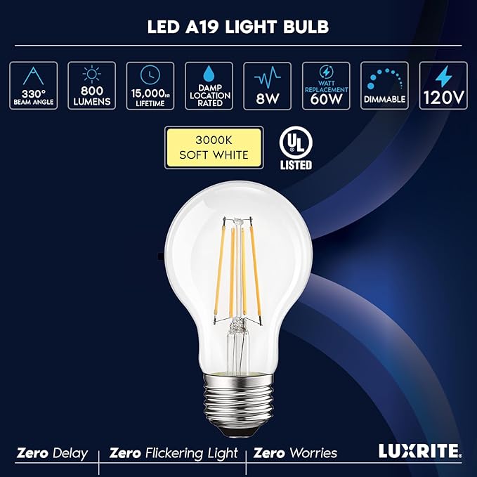 LUXRITE Vintage A19 LED Light Bulbs 60W Equivalent, 3000K Soft White Dimmable, 800 Lumens, Standard LED Edison Bulb 8W, UL Listed, E26 Base (4 Pack)