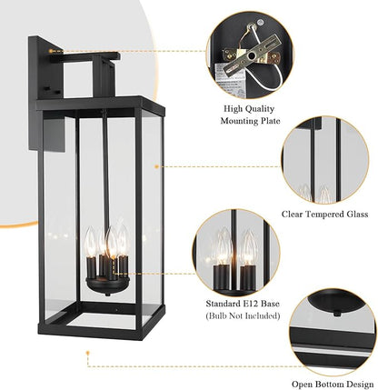 25'' Outdoor Wall Lantern, 4-Light Modern Large Exterior Wall Sconce Light Fixtures, Black Porch Light with Glass, Waterproof Outside Lighting for Patio Front Door Entryway