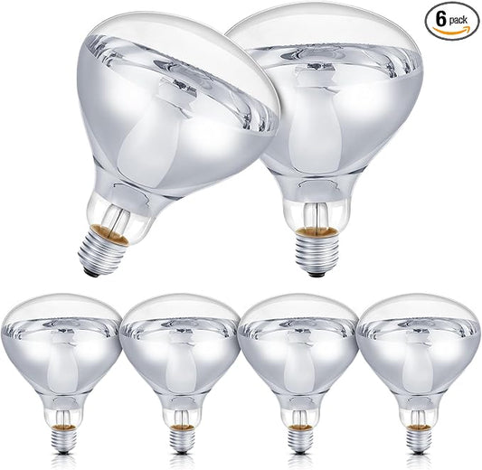 6 Pcs 110V Clear Infrared Heat Bulbs Heat Lamp Bulbs Medium E26 Base, Infrared Flood Light for Bathroom Food Puppies Chickens Brooder Pets(175W)