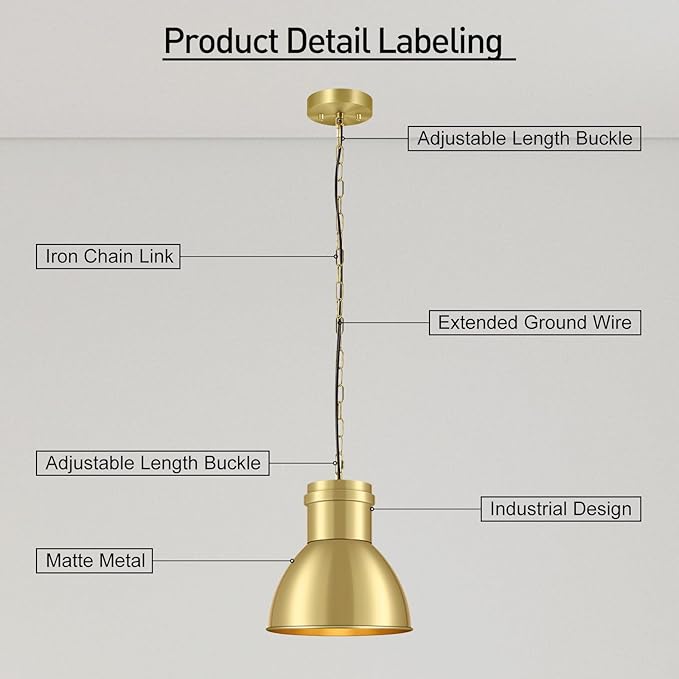 BoostArea Gold Pendant Lights Kitchen Island, 10.6" Large Metal Shade and 70.9'' Adjustable Height, Modern Pendant Lighting Fixtures,Farmhouse Hanging Pendant Light for Kitchen Island/Bar,No E26 Bulb