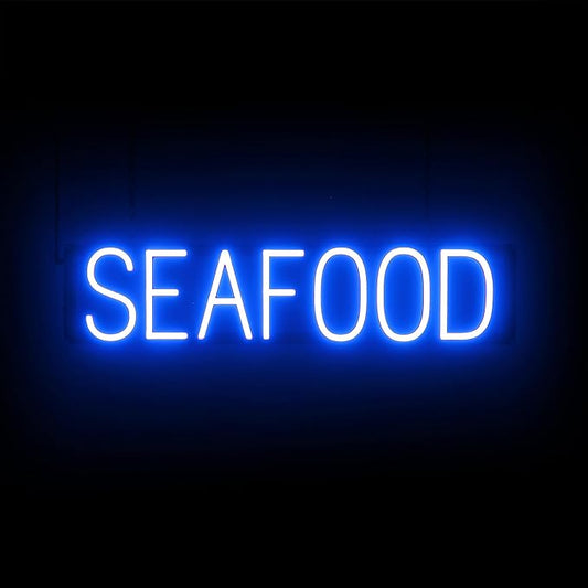 SpellBrite SEAFOOD Sign | Restaurant-Related Sign with Neon Look, Blue LED Light | 28.0" x 6.3"
