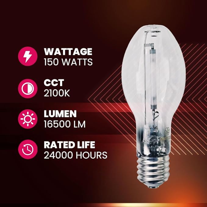 Mogul Base (E39), LU150/MOG 150 Watt High Pressure Sodium Light Bulb, ANSI Code S55, 16500 Lumen, 24000 Life Hours, ED23 Clear Bulb, 2100K