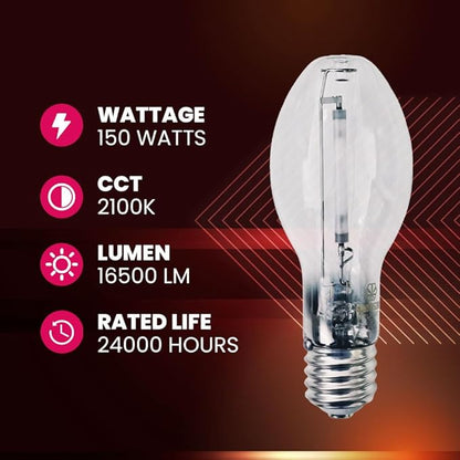 Mogul Base (E39), LU150/MOG 150 Watt High Pressure Sodium Light Bulb, ANSI Code S55, 16500 Lumen, 24000 Life Hours, ED23 Clear Bulb, 2100K