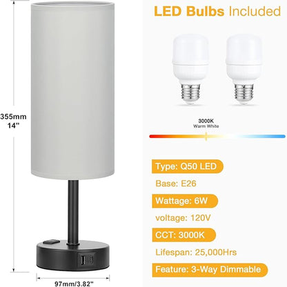 Grey Touch Table Lamps Set of 2-3 Way Dimmable Bedroom Lamps for Bedside with USB C and A Ports, Small Nightstand Lamps with AC Outlet, Desk Lamps with Black Base for Office Boys