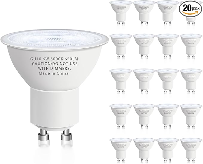GU10 Led Bulb 6W Equivalent 50W, MR16 Led Bulb 5000K Daylight White Led Bulbs, 650 Lumens, Non-Dimmable, GU10 Base, 2 Prong Track Energy Saving Light Bulbs for Kitchen, Living Room, Bedroom, 20 Pack