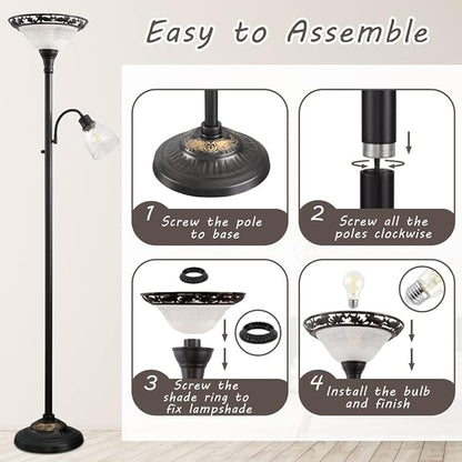 Floor Lamps for Living Room, 70" Floor Lamp Standing Torchiere Lamp with Etched Glass Shade, Metal Pole & Heavy Base, Vintage Tall Corner Lamp Decor for Bedroom, Living Room, Office. No Bulbs (2 Head)