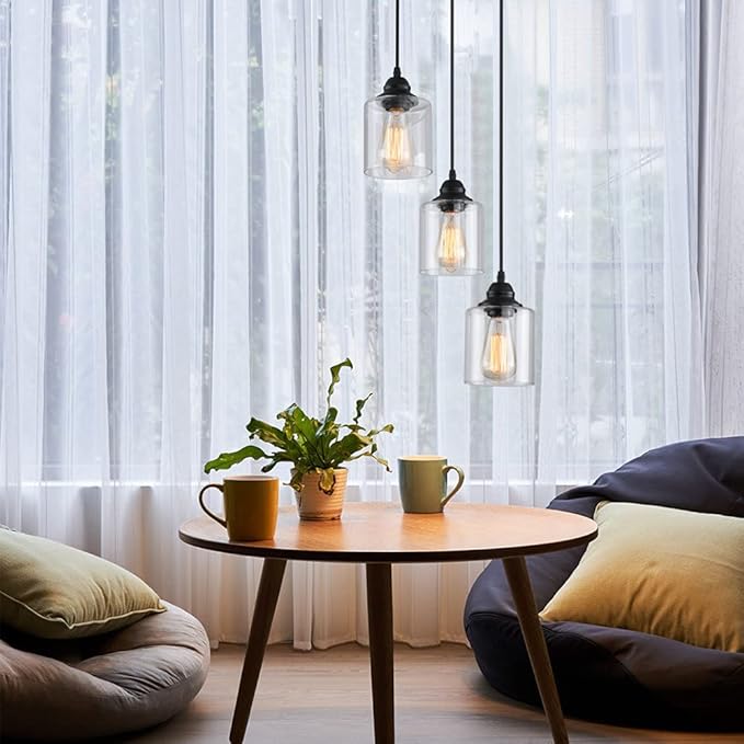 3 Lights Industrial Pendant Light with Glass Shade Matte Black Pendant Lighting Adjustable Industrial Retro Style Hanging Light,Kitchen Island Farmhouse Pendant Lights Fixtures for Kitchen,Farmhouse