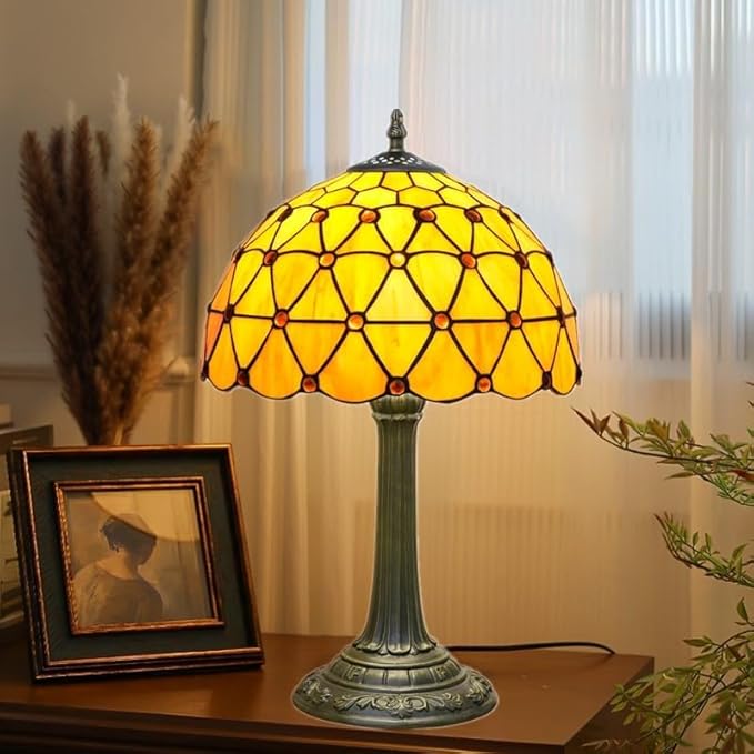 Tiffany Lamp Vintage Bead Orange Table Lamps Bedside for Bedroom Dector Stained Glass Lamps Living Room end Office Kitchen Hotel Bar Farmhouse 12 Inch Aesthetic Nightstand 70s 80s Reading Desk Light