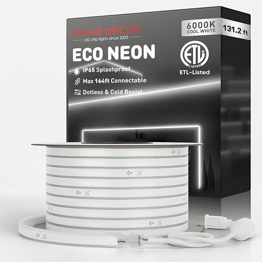Shine Decor LED Rope Lights AC 120V, Connectable & Cuttable Dotless 120LEDs/M Eco Neon Strip Lighting, ETL IP65 Waterproof & Weather-Resistant for Home Commercial, 8x16mm, 6000K Cool White, 131.2FT