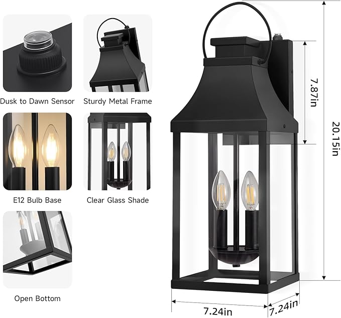 tewei Dusk to Dawn Outdoor Lighting Fixture, 20'' Large Porch Lights Outdoor Sconce Lights, 2-Light Black Exterior Lights for House Waterproof Outside Patio Lanterns for House Garage, 1-Pack