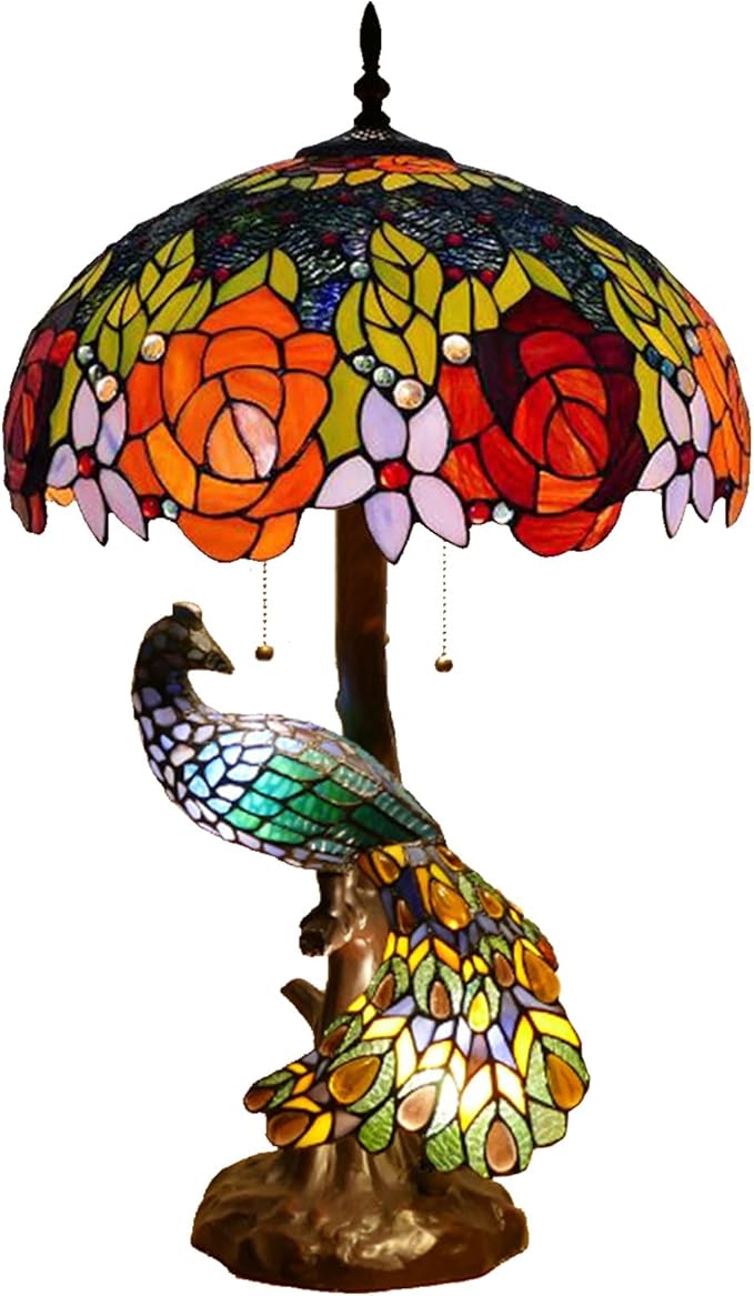 Large Tiffany Table Lamp 18" Wide Handmade Stained Glass Lamp Shade 3 Light Peacock Style Vintage Desk Light for Living Room Bedroom Bedside Reading Light,Red Rose