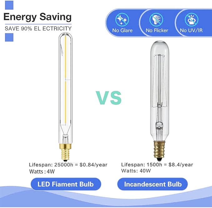 Leools E12 led Long Bulb,7.3 Inch Long Tubular Light Bulbs,T6 B11 Candelabra Bulb 40 watt for Chandeliers,Clear Glass,Daylight,4000K 400LM 4W Dimmable Tube Edison Bulb 6Pack