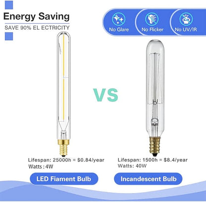 Leools E12 led Long Bulb,7.3 Inch Long Tubular Light Bulbs,T6 B11 Candelabra Bulb 40 watt for Chandeliers,Clear Glass,Daylight,4000K 400LM 4W Dimmable Tube Edison Bulb 6Pack