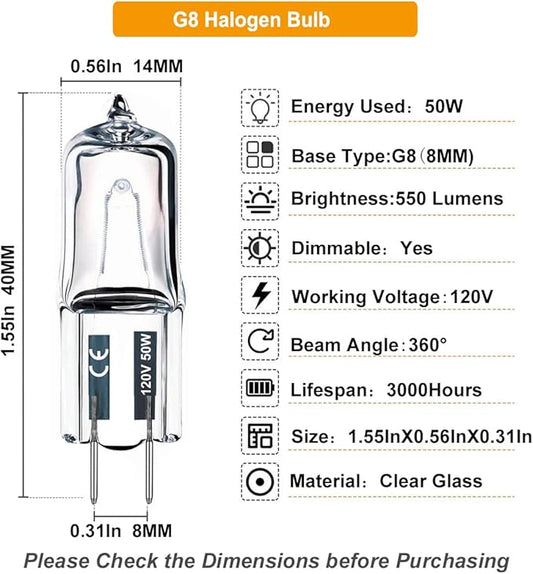 Vinaco G8 Halogen Bulb 50W, 10 Pack High Output 120V With G8 Base, 2800K Warm White Dimmable Xenon Light for Range Hood, Cabinet, Chandelier, Table Lamp