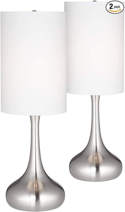 360 Lighting Modern Industrial Droplet-Shaped Table Lamps 24.5" High Set of 2 Brushed Steel Silver Metal White Cylinder Shade Decor for Living Room Bedroom House Bedside Nightstand Home
